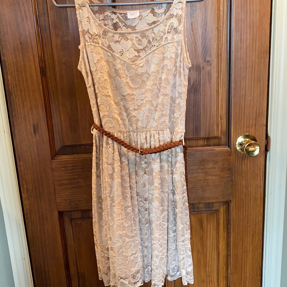 Suzy Shier Sleeveless Lace Dress With Belt